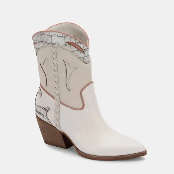 Dolce Vita Loral Ivory Croco Print Leather Western Ankle Boots - Picture 3 of 8